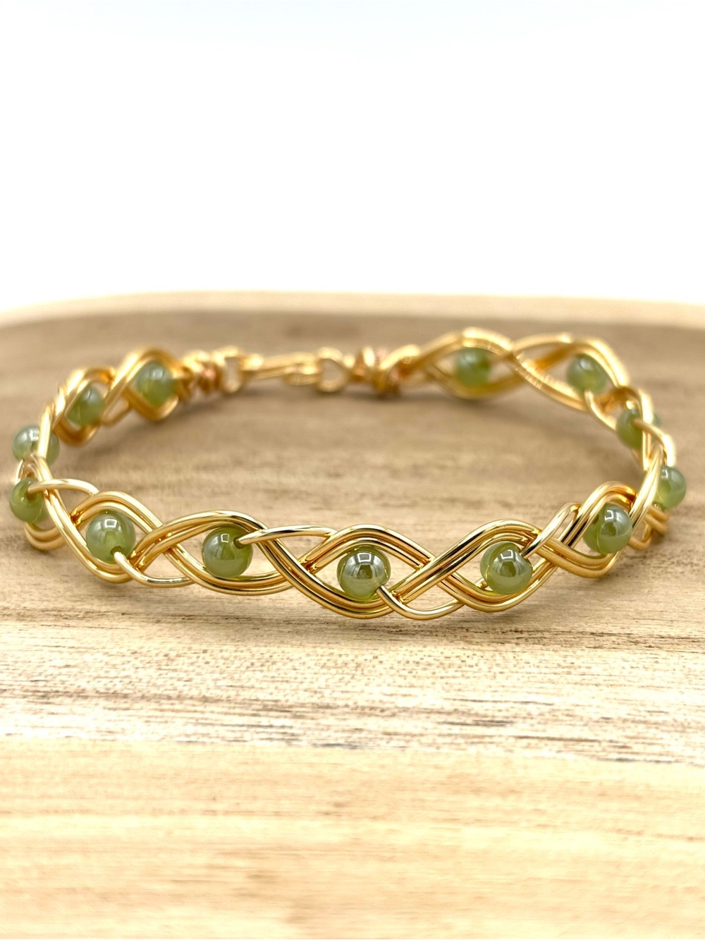 Hand Crafted Gold Bangle Green Bead Twist Bracelet - Women Jewelry